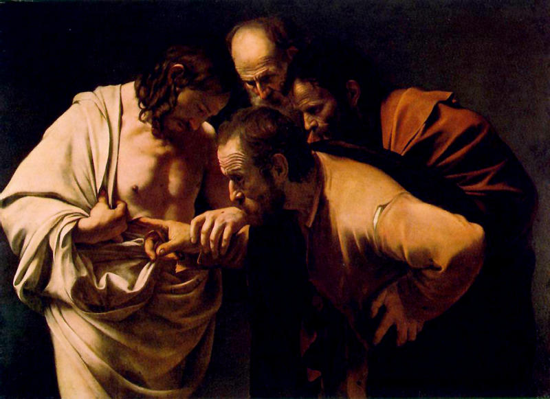 Painting by Caravaggio in a late Renaissance, chiaroscuro style. Depicts Jesus directing Thomas's finger as he investigates the wound in Jesus' side with a look of amazement. Two other disciples look on in wonder.