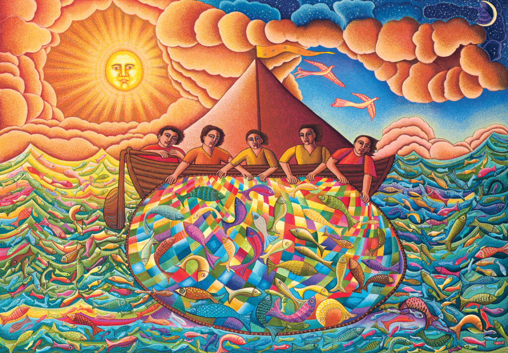 Multicolor artwork depicting men in a sailboat pulling in a net full of fish. Artwork is modernistic with a slight latinx aesthetic