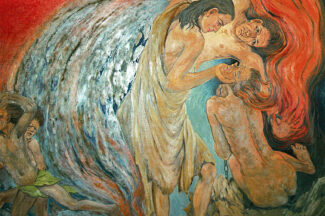 “This is an unusual work for Frank Wesley because of its abstract form combined with detailed, realistic human faces and hands. The impact is of greater momentum than that found in many other of his paintings. The movement of the demons out of the two twisted figures swirls through the canvas in almost full circle, gradually becoming the head of a thousand-headed cobra as it spills down the hillside in the bodies of the pigs. Demonic faces of men and animals are picked out indistinctly in red, blue and grey. All seem to rush with violence and speed to the lower left corner where the wild-eyed swineherds are looking over their shoulders as they race from the frightening event. Jesus is holding the twisting, writhing bodies of the two naked men with gentleness, his head bowed over them in concern and caring. He holds the shoulder of one man from underneath to support him while his other hand is grasping the chin of the frothing naked man who is breaking the chains with which he is bound. Earlier these chains were broken in madness; now their destruction signals a return to sanity. The artist says that Jesus always meets the needs of people where they are and with only what they require and are able to use or accept at that moment. At the lower right of this work, sharp jagged rocks symbolize the harsh place to which the men were exiled – the world where we all live until healed of our madness by God’s love…The bodies of these two who are healed are the same mixture of the ugly and unexpected beauty. The beauty is Jesus’ love exercised so firmly and gently in this terrifying situation…Between their writhing bodies and that of the healer is a space of sky-blue color, indicating the presence of God.” From Frank Wesley: Exploring Faith with a Brush by Naomi Wray