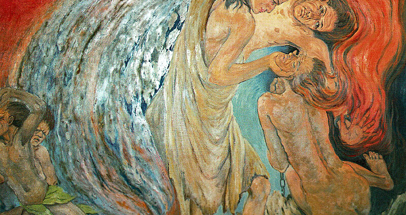 “This is an unusual work for Frank Wesley because of its abstract form combined with detailed, realistic human faces and hands. The impact is of greater momentum than that found in many other of his paintings. The movement of the demons out of the two twisted figures swirls through the canvas in almost full circle, gradually becoming the head of a thousand-headed cobra as it spills down the hillside in the bodies of the pigs. Demonic faces of men and animals are picked out indistinctly in red, blue and grey. All seem to rush with violence and speed to the lower left corner where the wild-eyed swineherds are looking over their shoulders as they race from the frightening event. Jesus is holding the twisting, writhing bodies of the two naked men with gentleness, his head bowed over them in concern and caring. He holds the shoulder of one man from underneath to support him while his other hand is grasping the chin of the frothing naked man who is breaking the chains with which he is bound. Earlier these chains were broken in madness; now their destruction signals a return to sanity. The artist says that Jesus always meets the needs of people where they are and with only what they require and are able to use or accept at that moment. At the lower right of this work, sharp jagged rocks symbolize the harsh place to which the men were exiled – the world where we all live until healed of our madness by God’s love…The bodies of these two who are healed are the same mixture of the ugly and unexpected beauty. The beauty is Jesus’ love exercised so firmly and gently in this terrifying situation…Between their writhing bodies and that of the healer is a space of sky-blue color, indicating the presence of God.” From Frank Wesley: Exploring Faith with a Brush by Naomi Wray