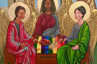 Trinity represented as three women of latina, african, and asian features. Holding hands together with two outstretched hands.