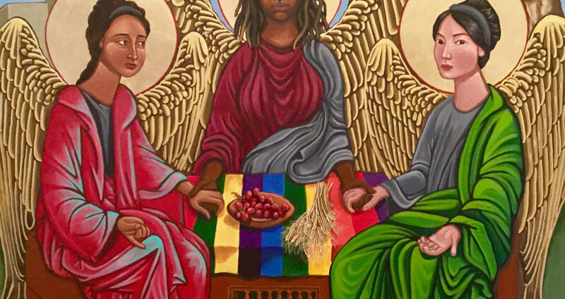 Trinity represented as three women of latina, african, and asian features. Holding hands together with two outstretched hands.