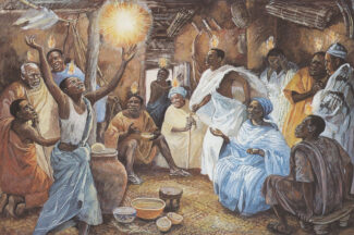 Depiction of Pentecost (Acts 2:1-4) in an African setting, with Black persons showing wonder and joy at the presence of the Spirit