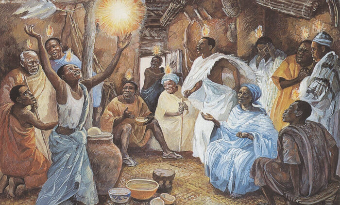 Depiction of Pentecost (Acts 2:1-4) in an African setting, with Black persons showing wonder and joy at the presence of the Spirit