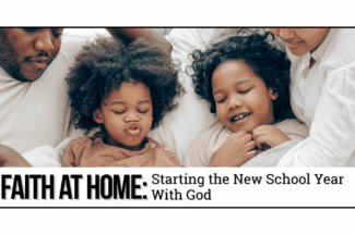 Faith at Home: Starting the New School Year with God. Family of four snuggling in bed together.