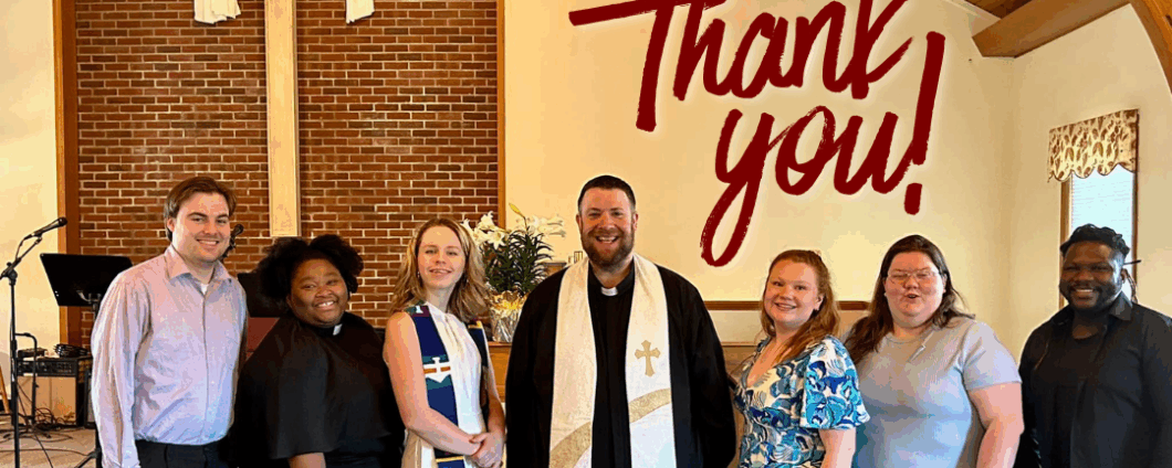 Bethel pastors at the front of the sanctuary. Text: Thank you!