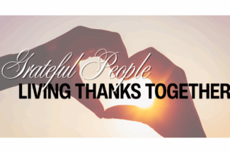 Grateful People: Living Thanks Together. Silhouette of two hands forming the shape of a heart with the sun peeking through the middle.