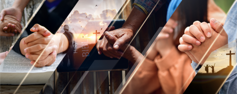 collage of holding hands, praying hands, open bible, cross and clouds, figures with outstretched arms